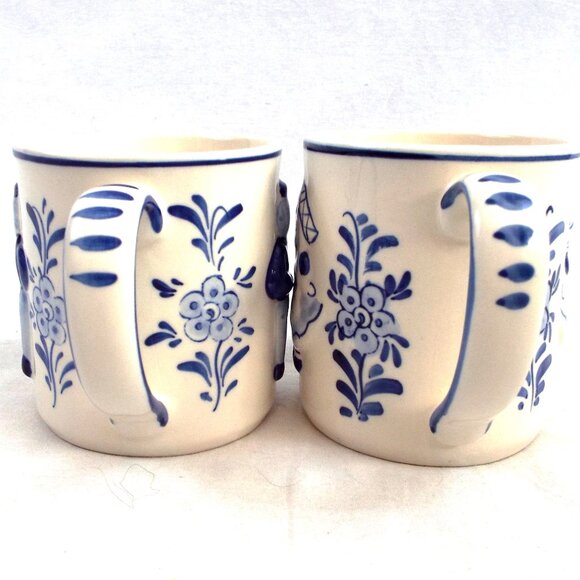 Vintage JOA Delft Blue and Off-White Hand Painted 3-D Dutch Boy and Girl Mugs - Picture 3 of 5